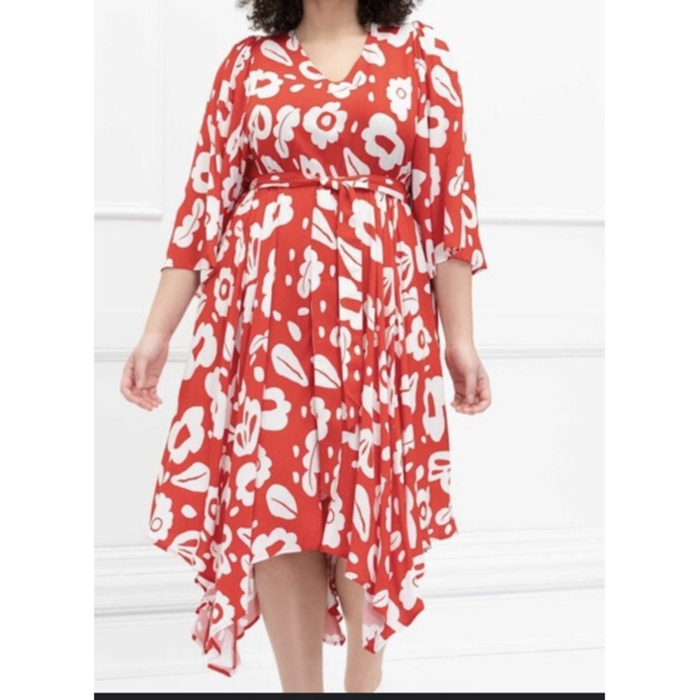 NWT Eloquii Floral Kimono Maxi Dress Red White Asymmetrical Hem sz 16